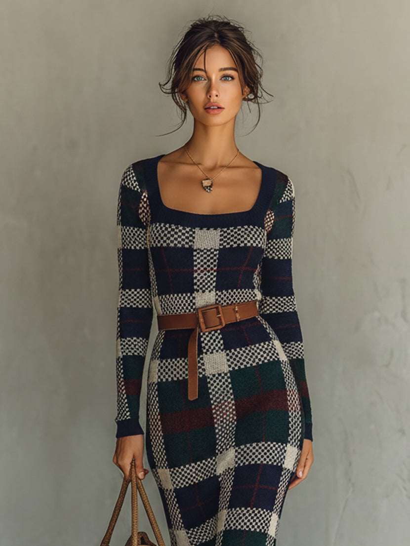 Nuvara | Irene | Vestido Largo de Punto de Otoño Mujer Cuello Cuadrado Cinturón