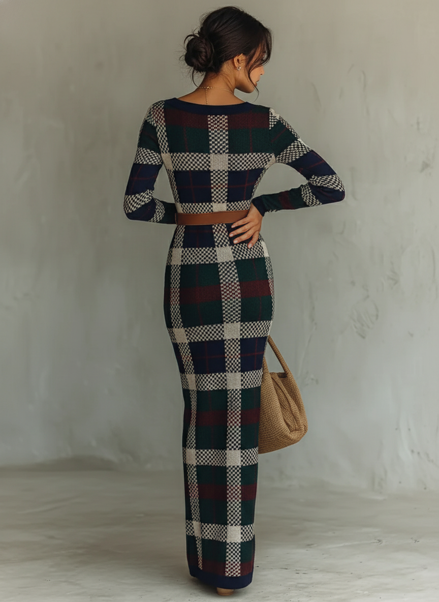 Nuvara | Irene | Vestido Largo de Punto de Otoño Mujer Cuello Cuadrado Cinturón