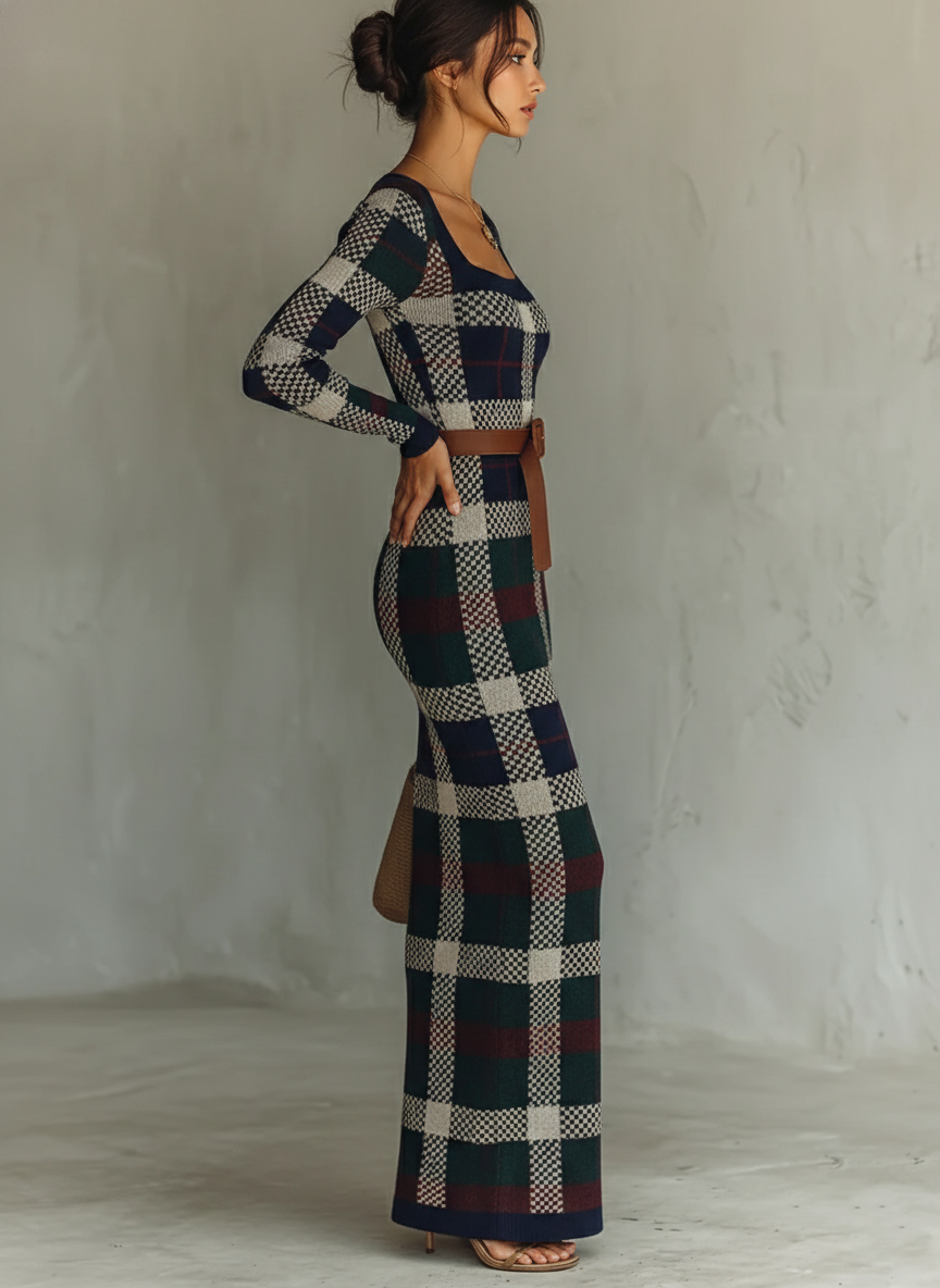 Nuvara | Irene | Vestido Largo de Punto de Otoño Mujer Cuello Cuadrado Cinturón