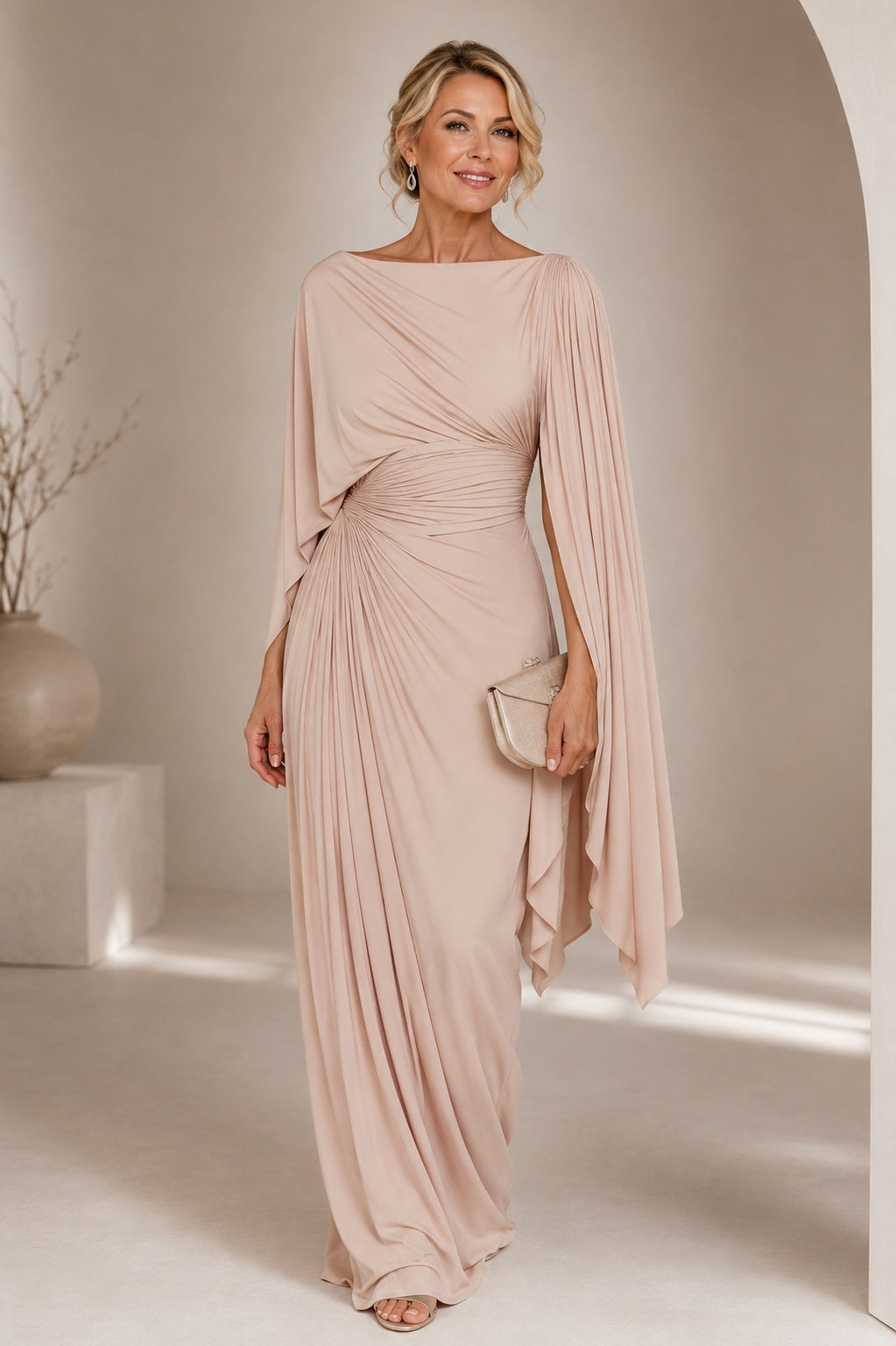 Nuvara | Irene | Vestido Largo Invitada Boda Invierno Mujer Manga Capa Drapeado