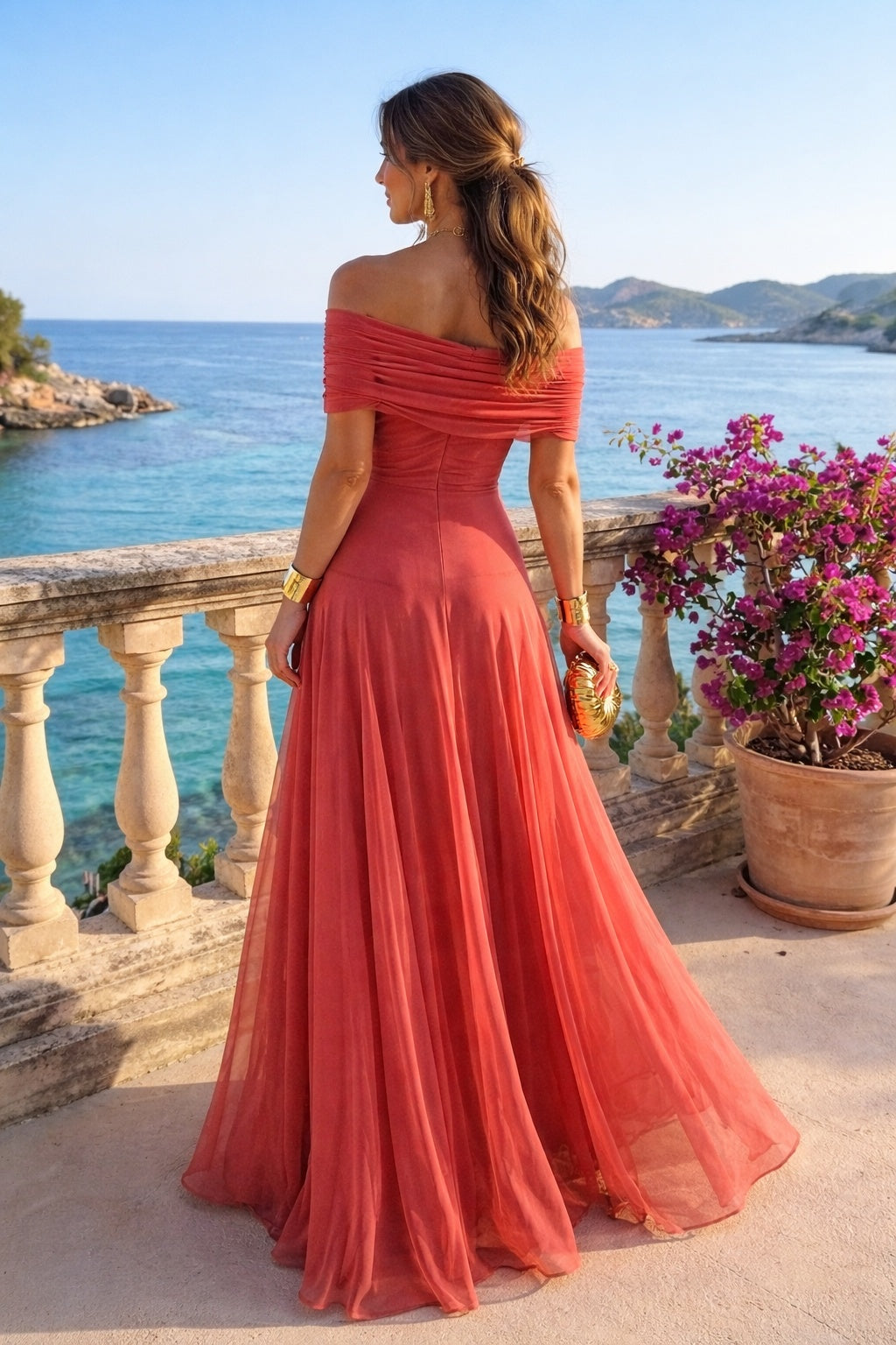 Nuvara | Irene | Vestido Palabra de Honor Largo Mujer Hombros Descubiertos