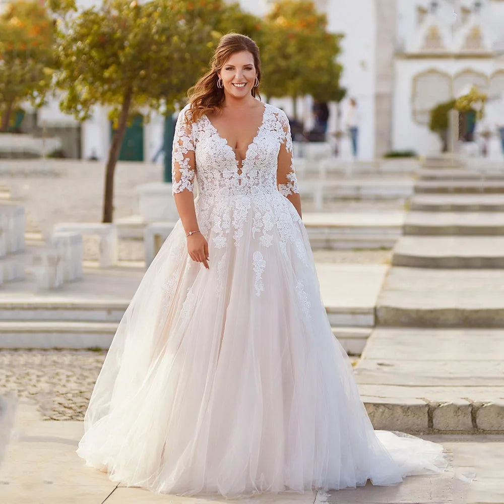 Nuvara | Isabela | Vestido de Novia Princesa Mujer Encaje Manga Tres Cuartos