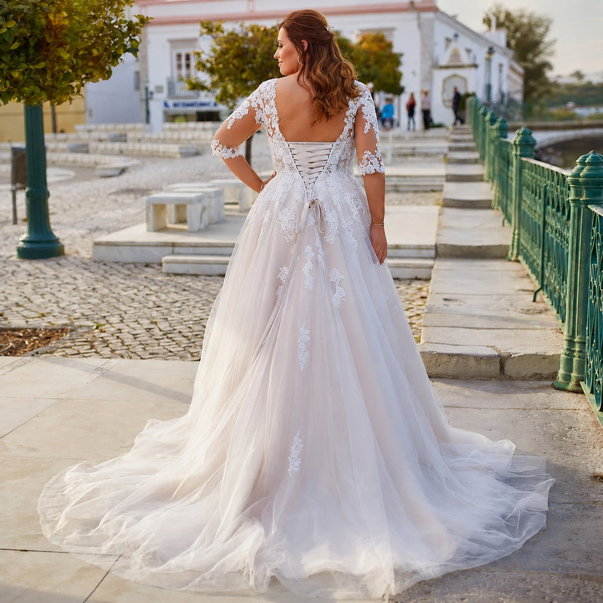 Nuvara | Isabela | Vestido de Novia Princesa Mujer Encaje Manga Tres Cuartos