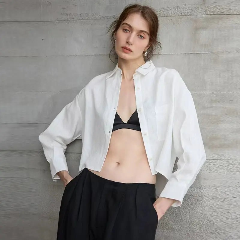 Jimena | Camisa de Lino Cropped Mujer Manga Larga Oversize