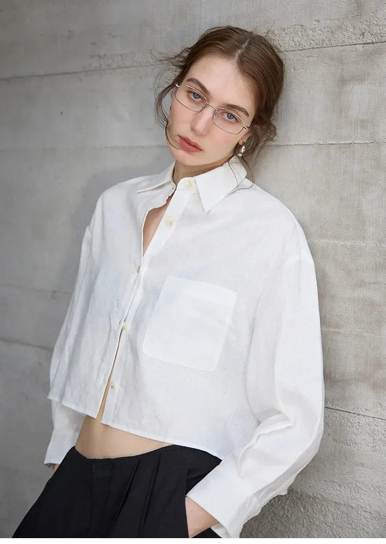 Jimena | Camisa de Lino Cropped Mujer Manga Larga Oversize