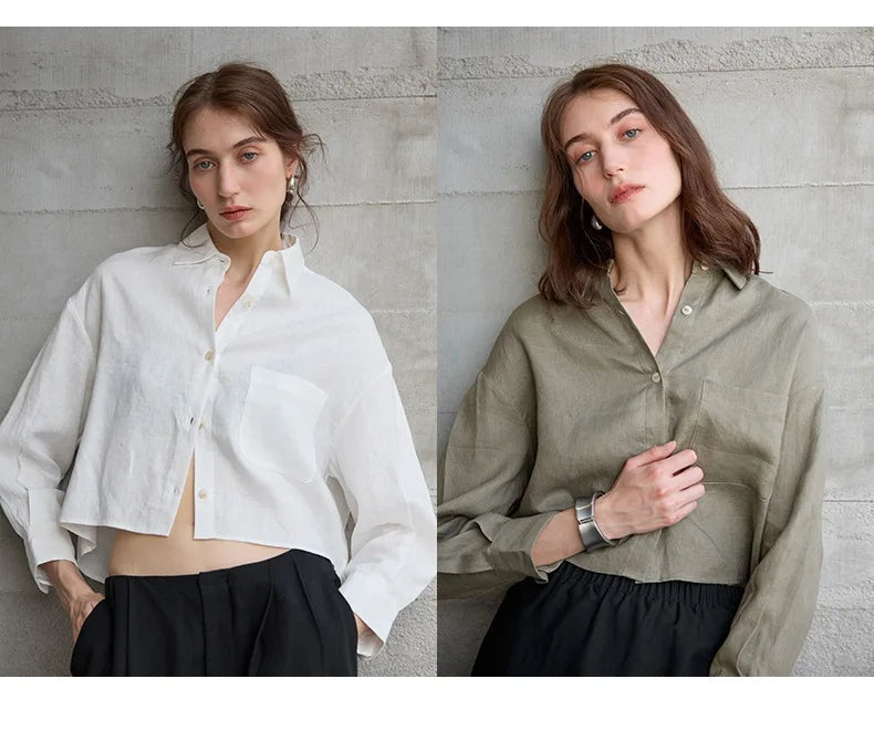 Jimena | Camisa de Lino Cropped Mujer Manga Larga Oversize