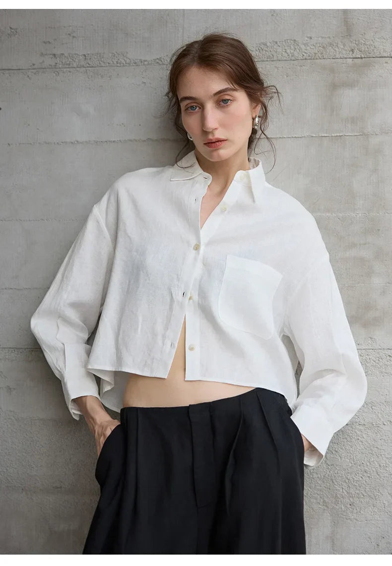 Jimena | Camisa de Lino Cropped Mujer Manga Larga Oversize