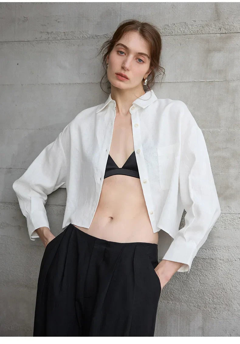 Jimena | Camisa de Lino Cropped Mujer Manga Larga Oversize