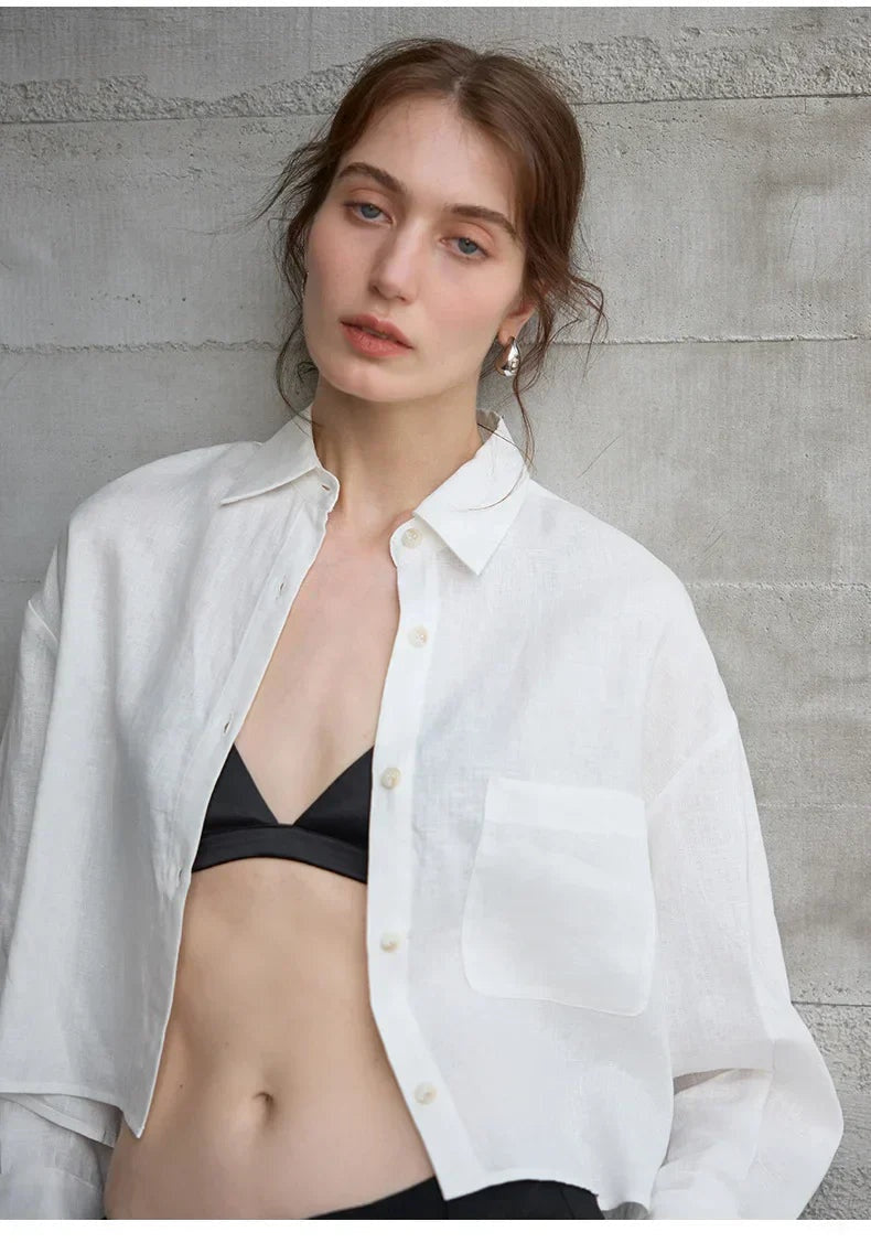 Jimena | Camisa de Lino Cropped Mujer Manga Larga Oversize