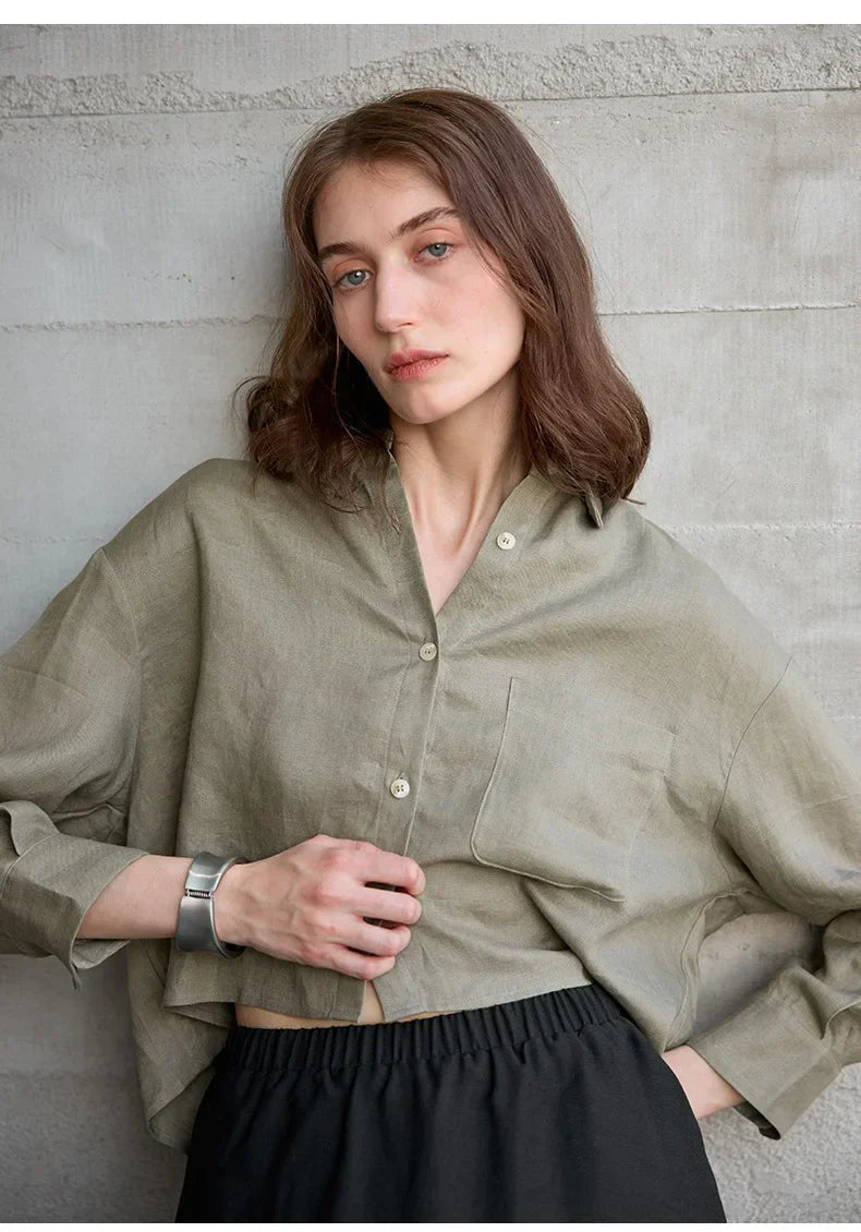 Jimena | Camisa de Lino Cropped Mujer Manga Larga Oversize