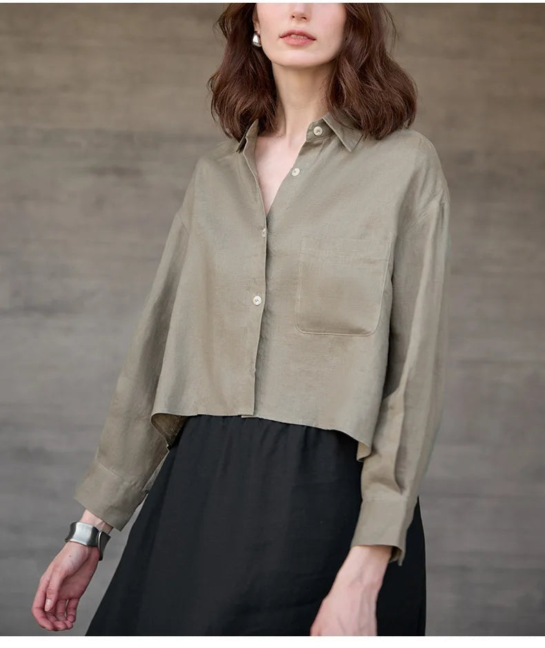 Jimena | Camisa de Lino Cropped Mujer Manga Larga Oversize