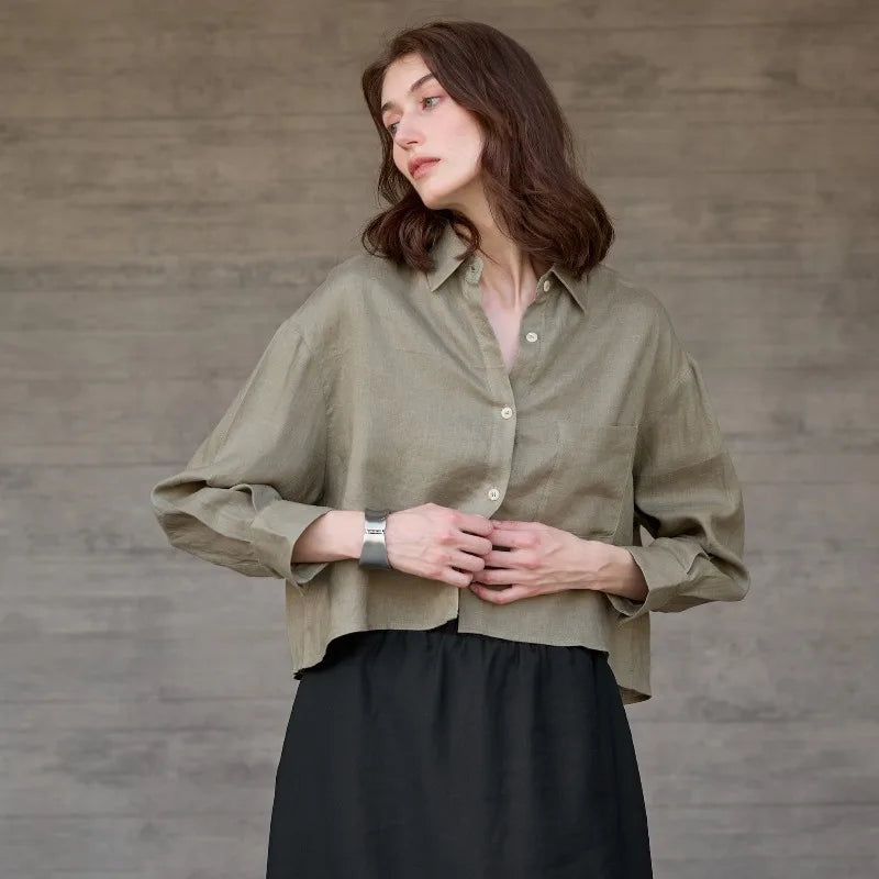 Jimena | Camisa de Lino Cropped Mujer Manga Larga Oversize