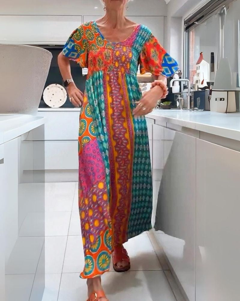 Nuvara | Jimena | Vestido Largo Boho Mujer Estampado Étnico Manga Corta