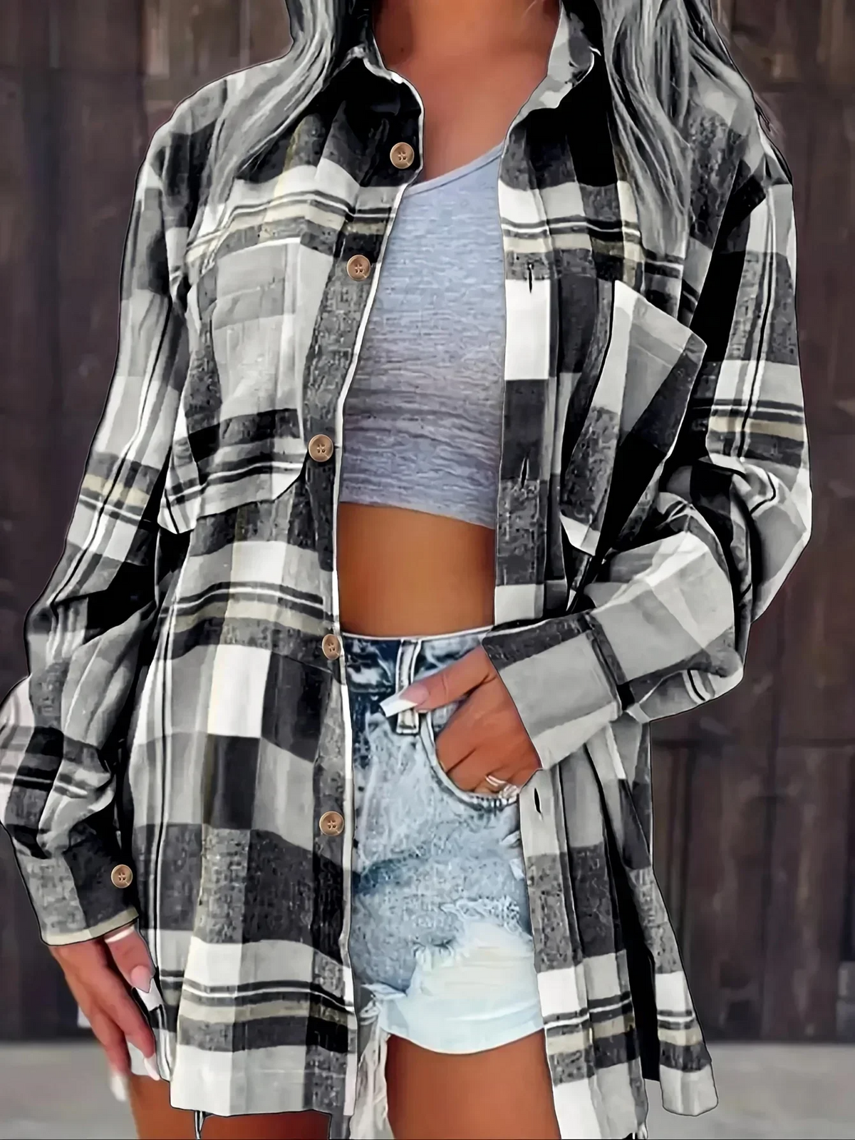 Laia | Camisa de Cuadros Oversize Mujer Manga Larga Bolsillo