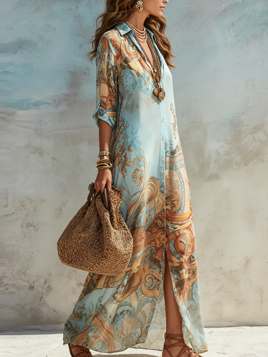 Nuvara | Laia | Vestido Camisero Largo Estampado Mujer Manga Larga