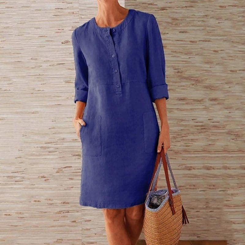 Nuvara | Laia | Vestido Midi Casual con Botones Mujer Manga Larga Bolsillos