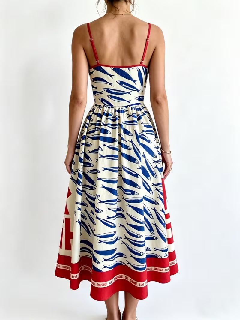 Nuvara | Laia | Vestido Midi Estampado con Tirantes Mujer Falda Vuelo