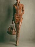 Nuvara | Leire | Vestido Corto de Cuero de Otoño Ajustado Mujer Cremallera Manga Larga