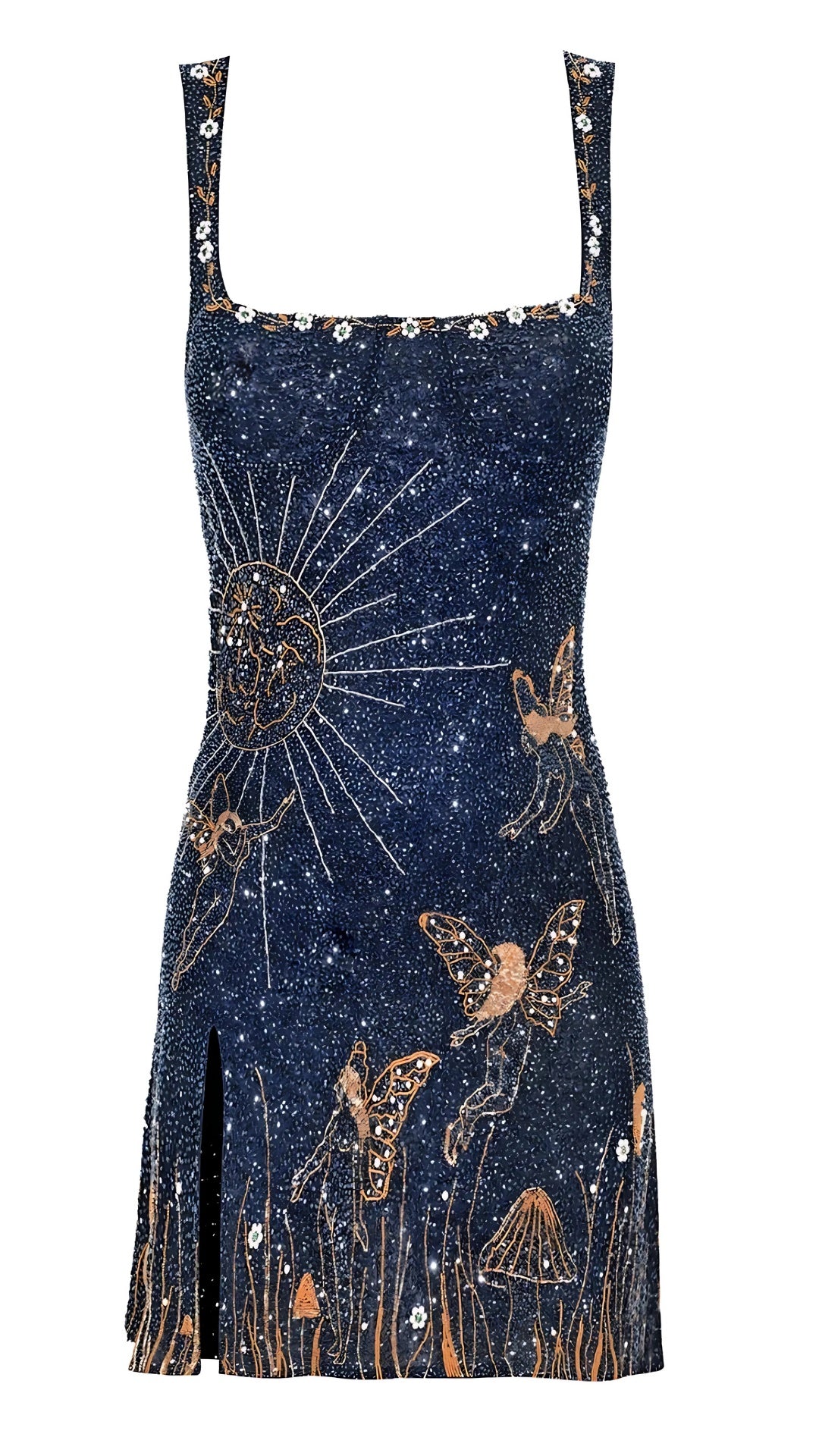 Nuvara | Leire | Vestido Corto de Fiesta Mujer Bordado Mariposas Escote Cuadrado
