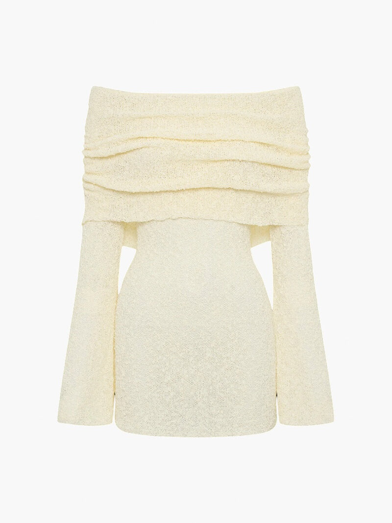 Nuvara | Leire | Vestido Corto de Punto Bouclé Mujer Hombros Descubiertos Manga Larga