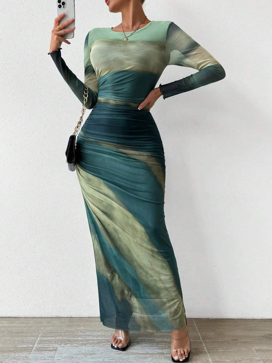 Nuvara | Leticia | Vestido Largo Drapeado Mujer Manga Larga Cuello Redondo