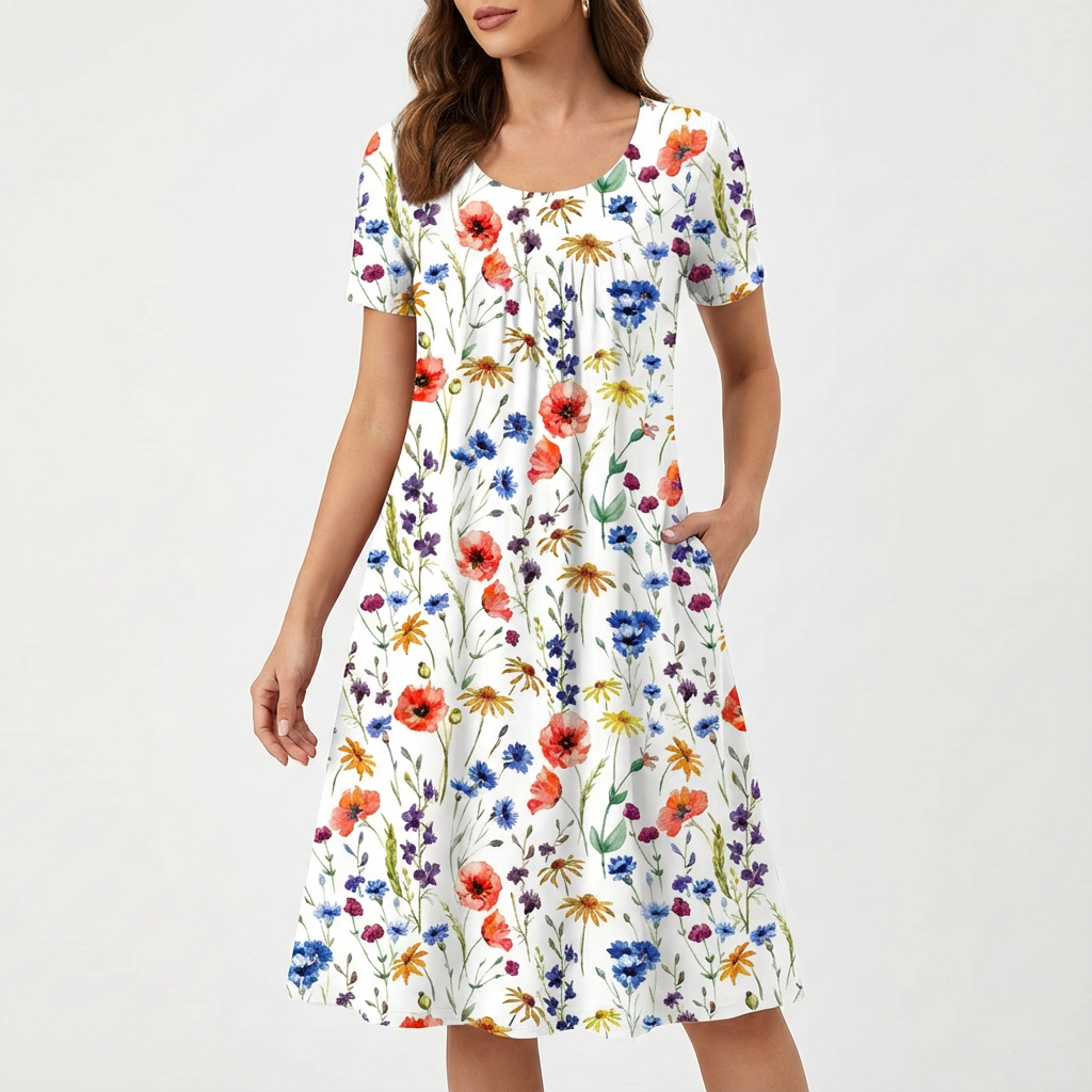 Nuvara | Lola | Vestido Floral Mujer Manga Corta Bolsillos Corte A