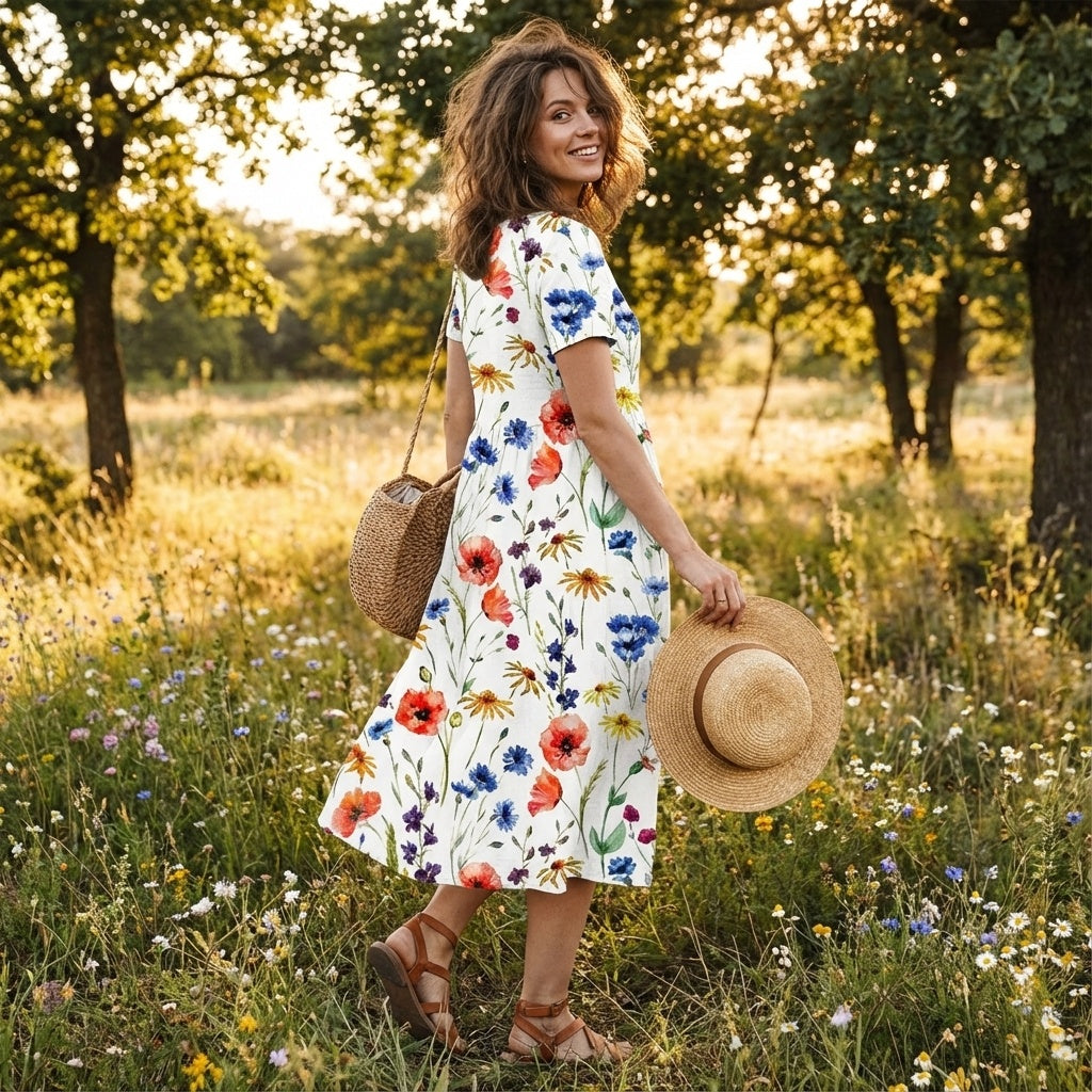 Nuvara | Lola | Vestido Floral Mujer Manga Corta Bolsillos Corte A