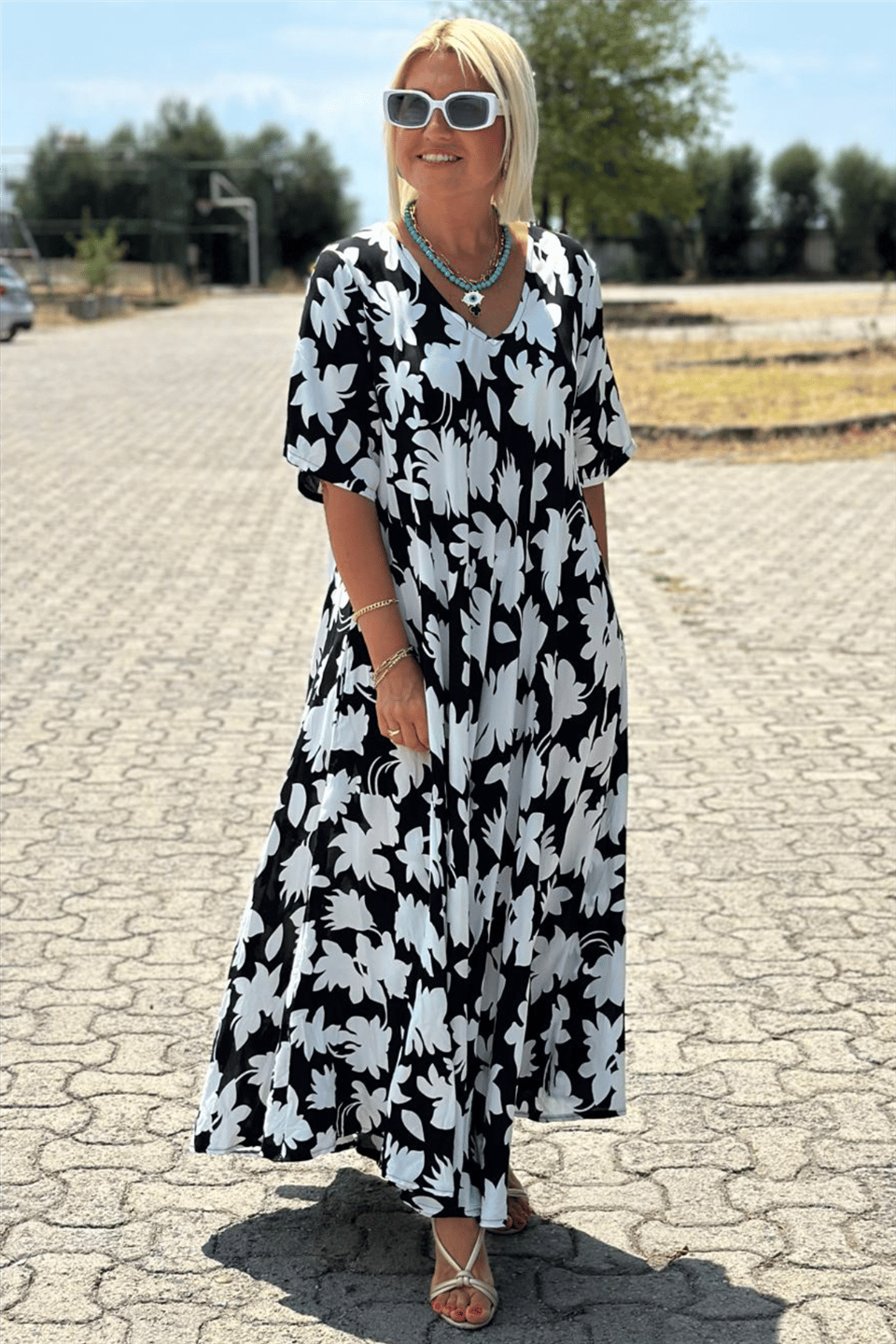 Nuvara | Lola | Vestido Largo Floral Mujer Escote V Manga Corta
