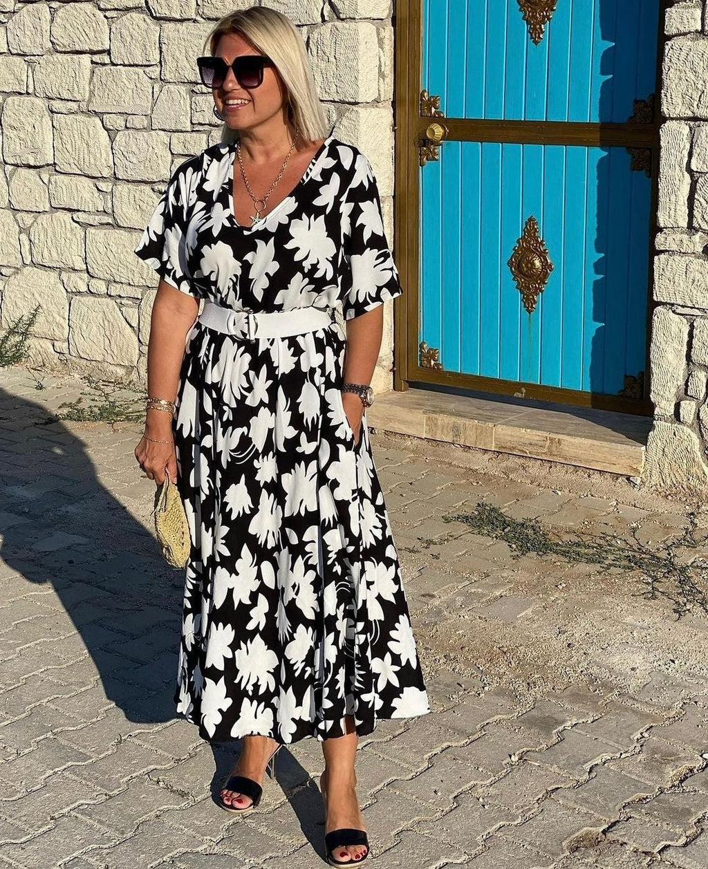 Nuvara | Lola | Vestido Largo Floral Mujer Escote V Manga Corta