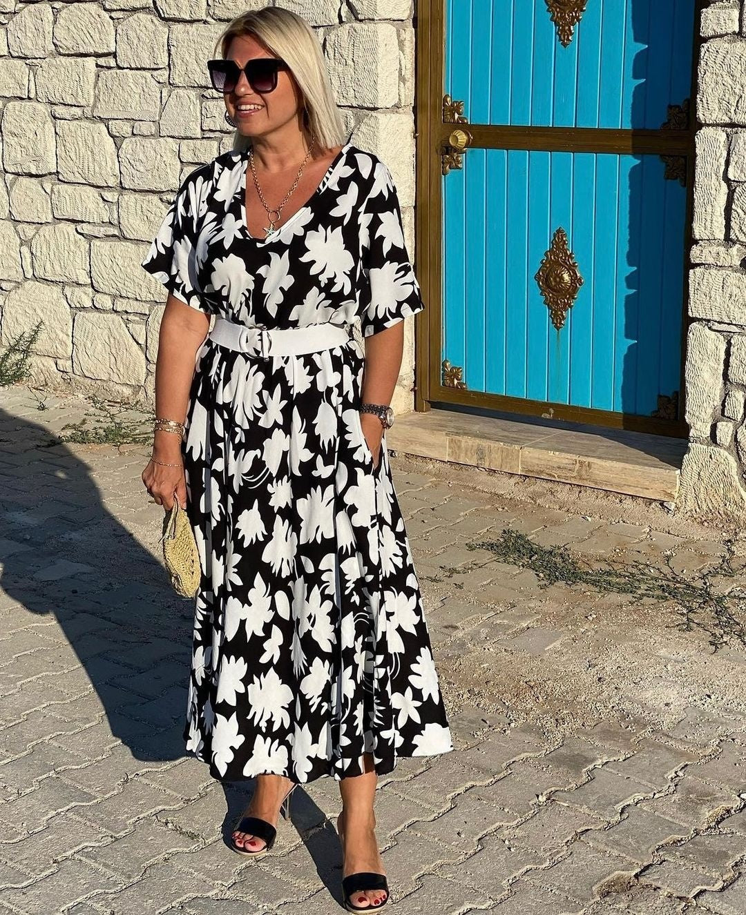 Nuvara | Lola | Vestido Largo Floral Mujer Escote V Manga Corta