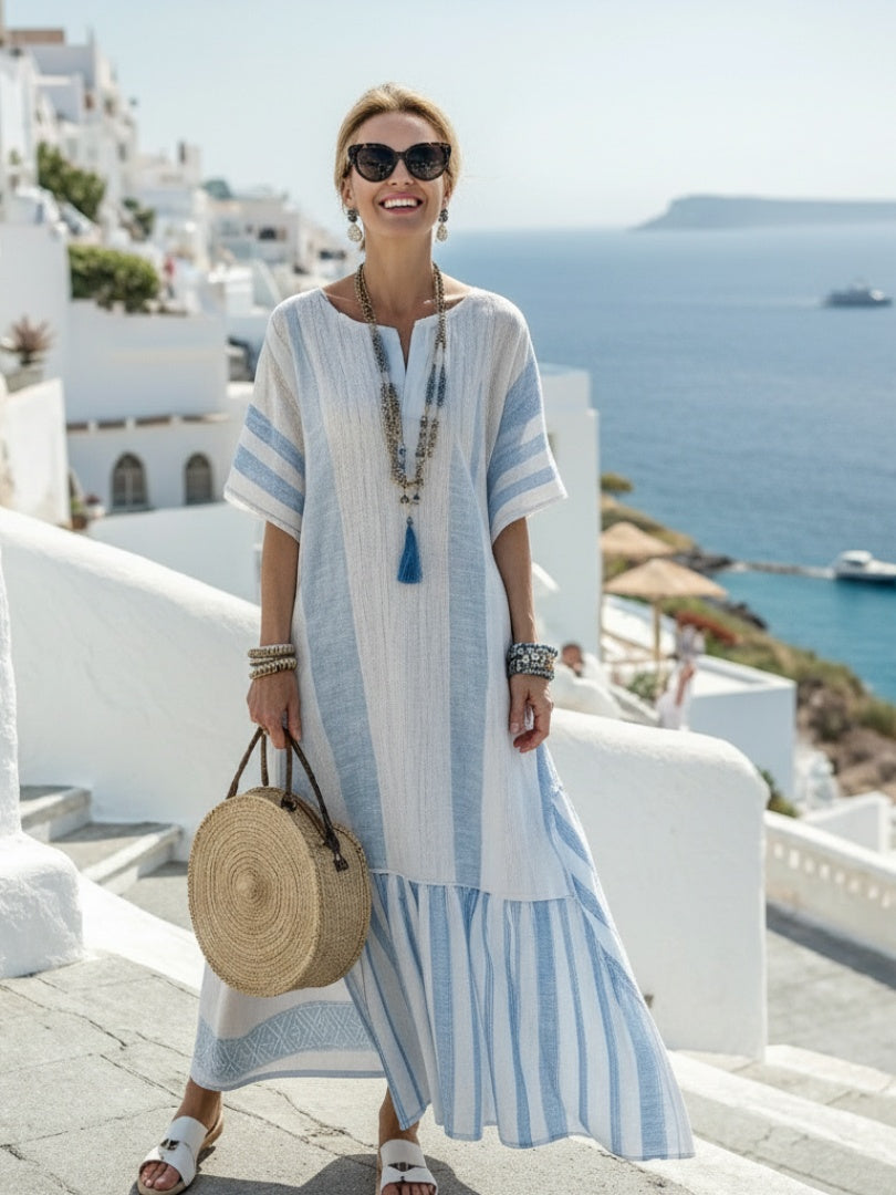 Nuvara | Lorena | Vestido Largo Boho Mujer Rayas Manga Corta Volante