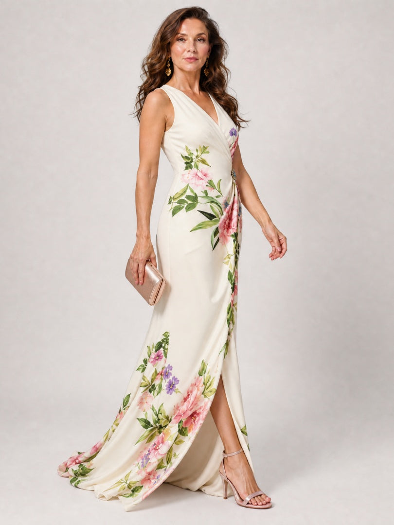 Nuvara | Macarena | Vestido Largo de Madrina Floral Mujer Escote V Sin Mangas