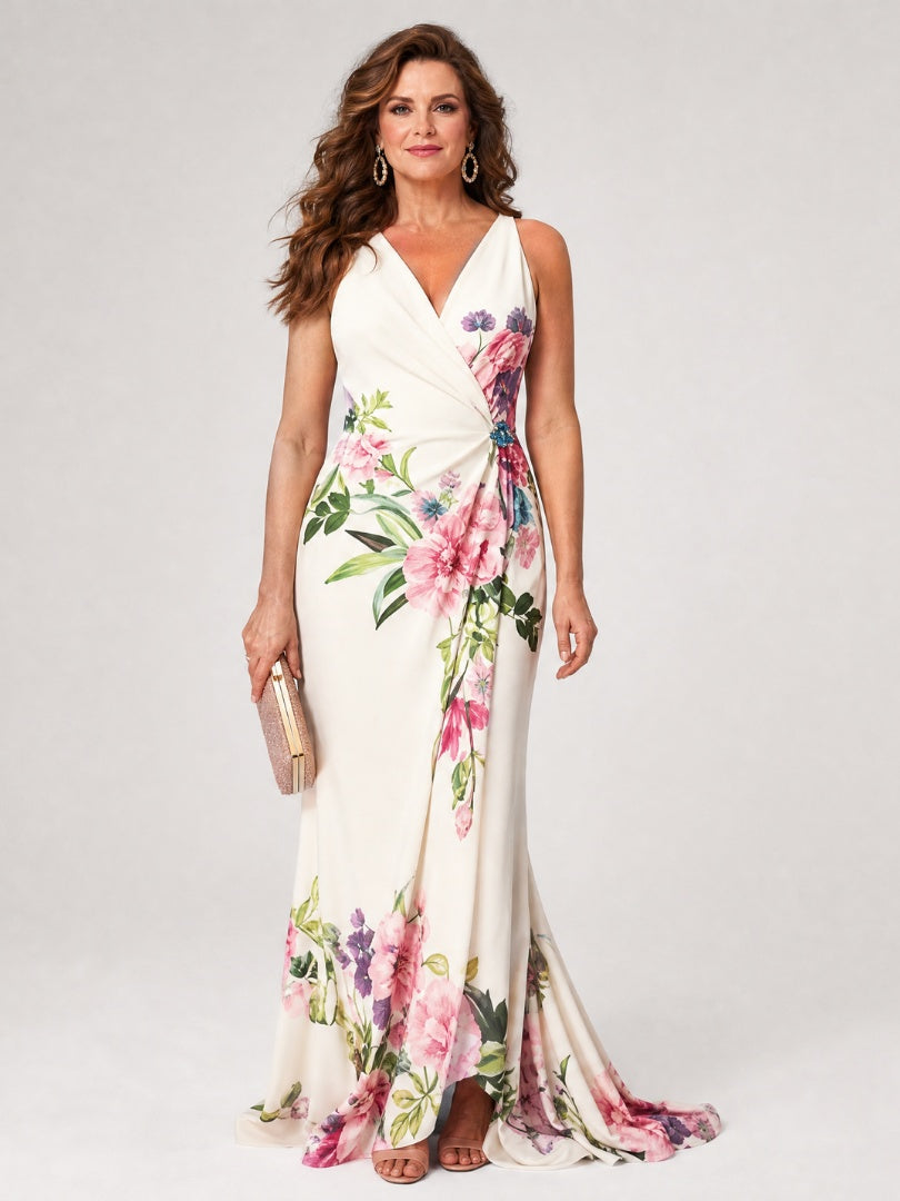 Nuvara | Macarena | Vestido Largo de Madrina Floral Mujer Escote V Sin Mangas