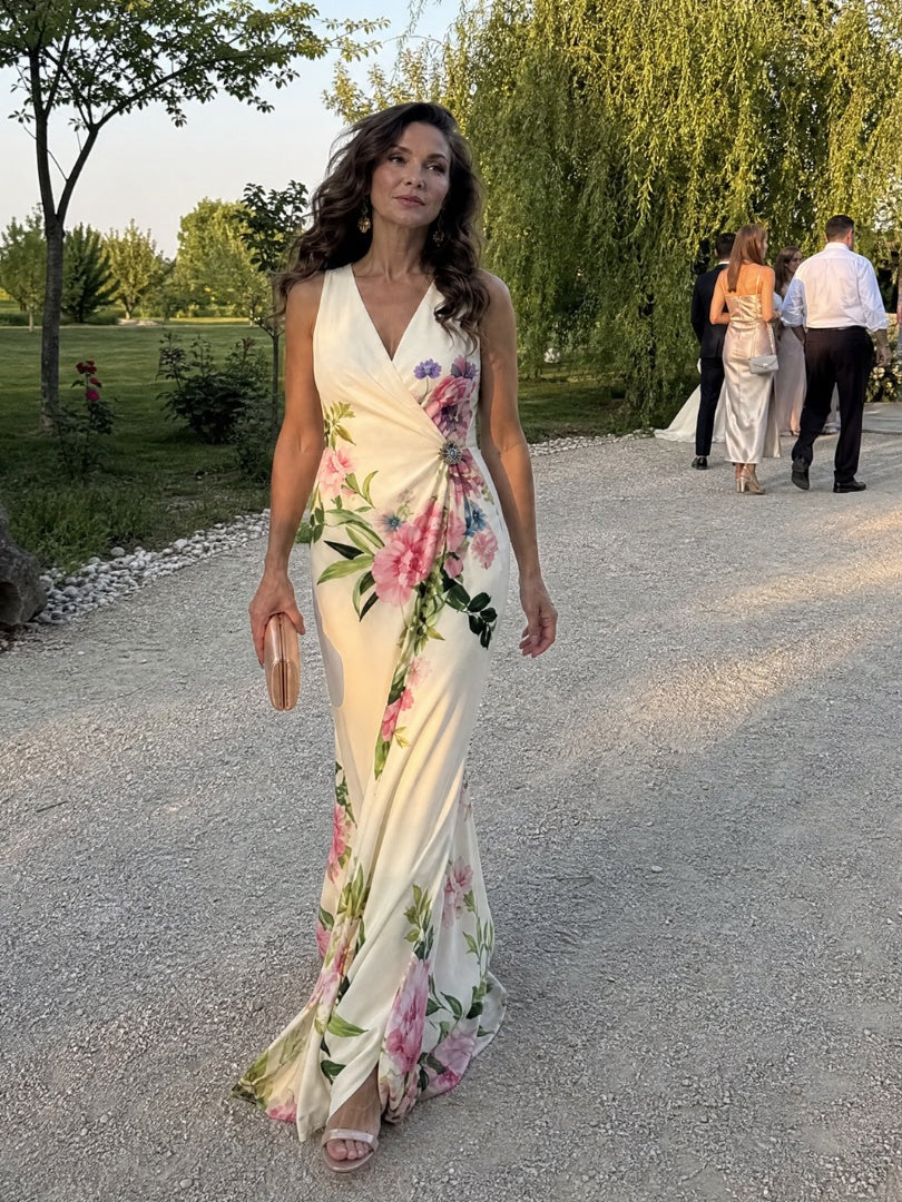 Nuvara | Macarena | Vestido Largo de Madrina Floral Mujer Escote V Sin Mangas