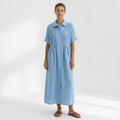 Nuvara | Margarita | Vestido Largo Camisero de Lino Mujer Pliegues Frontales