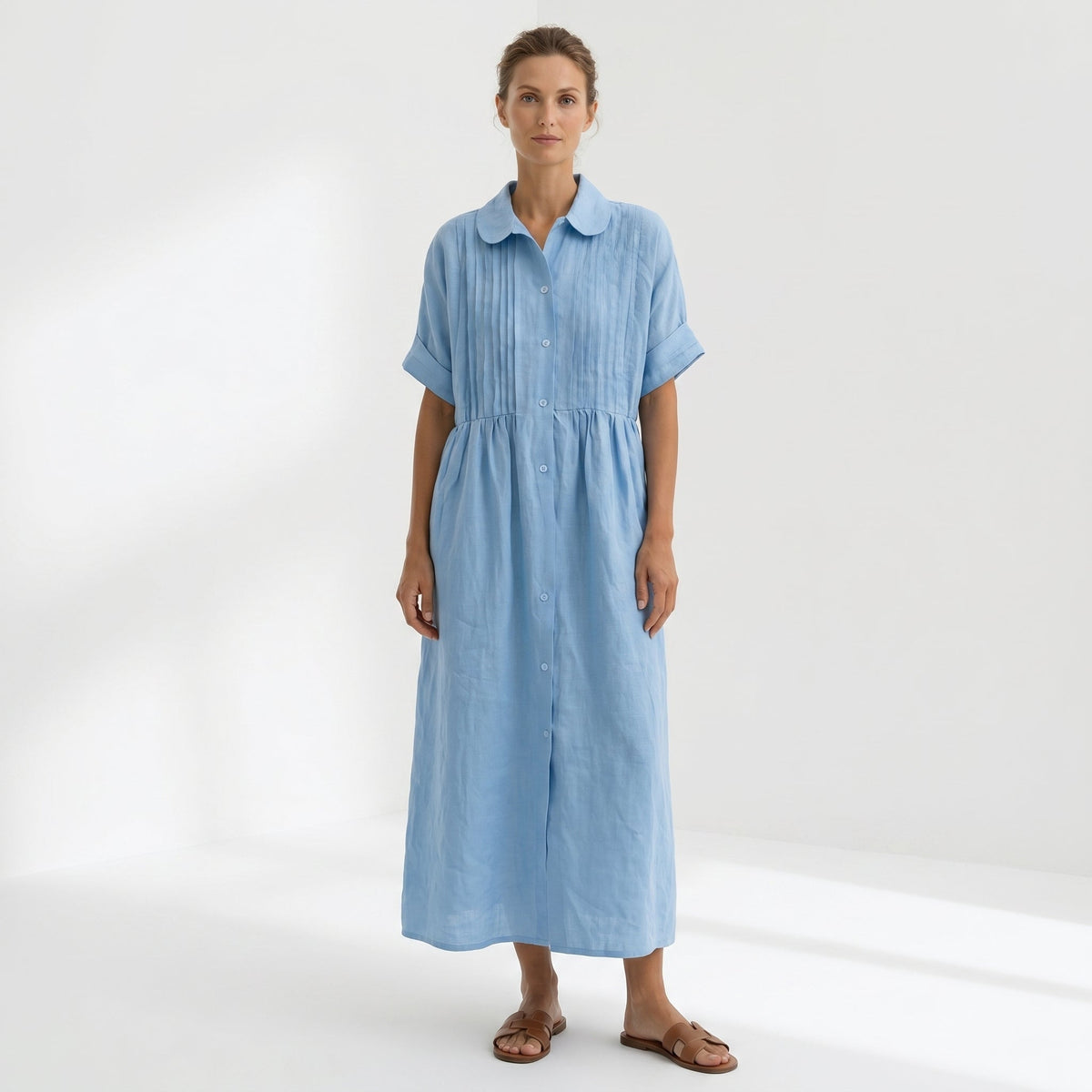 Nuvara | Margarita | Vestido Largo Camisero de Lino Mujer Pliegues Frontales