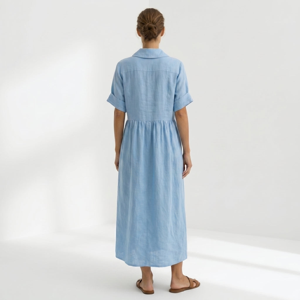 Nuvara | Margarita | Vestido Largo Camisero de Lino Mujer Pliegues Frontales