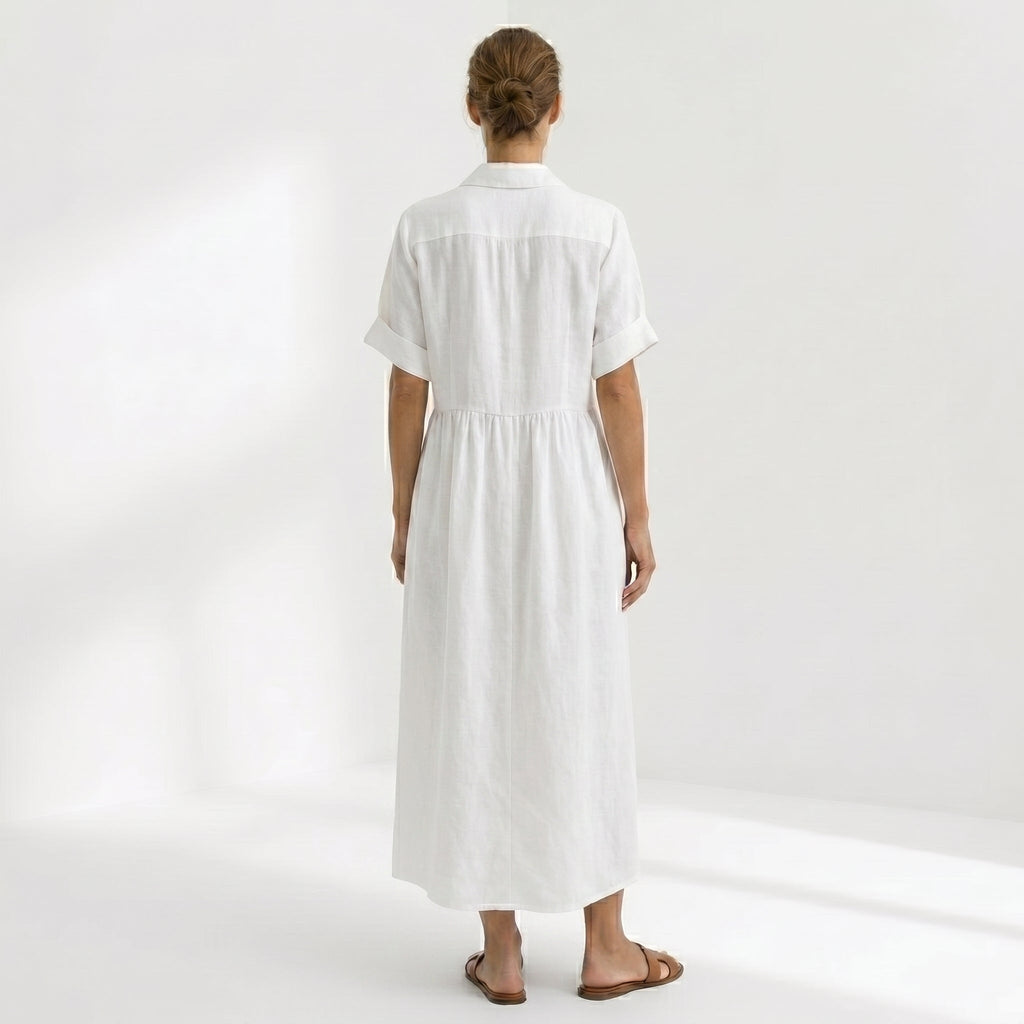 Nuvara | Margarita | Vestido Largo Camisero de Lino Mujer Pliegues Frontales