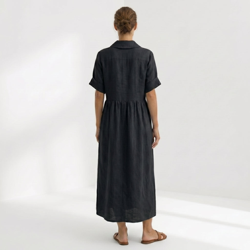 Nuvara | Margarita | Vestido Largo Camisero de Lino Mujer Pliegues Frontales