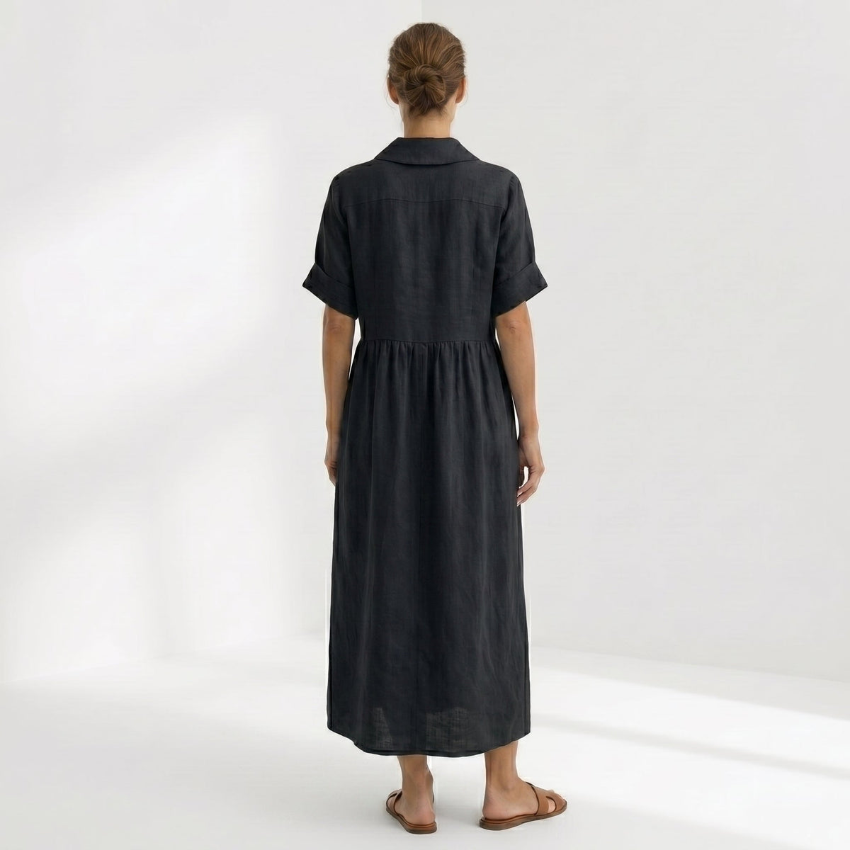 Nuvara | Margarita | Vestido Largo Camisero de Lino Mujer Pliegues Frontales