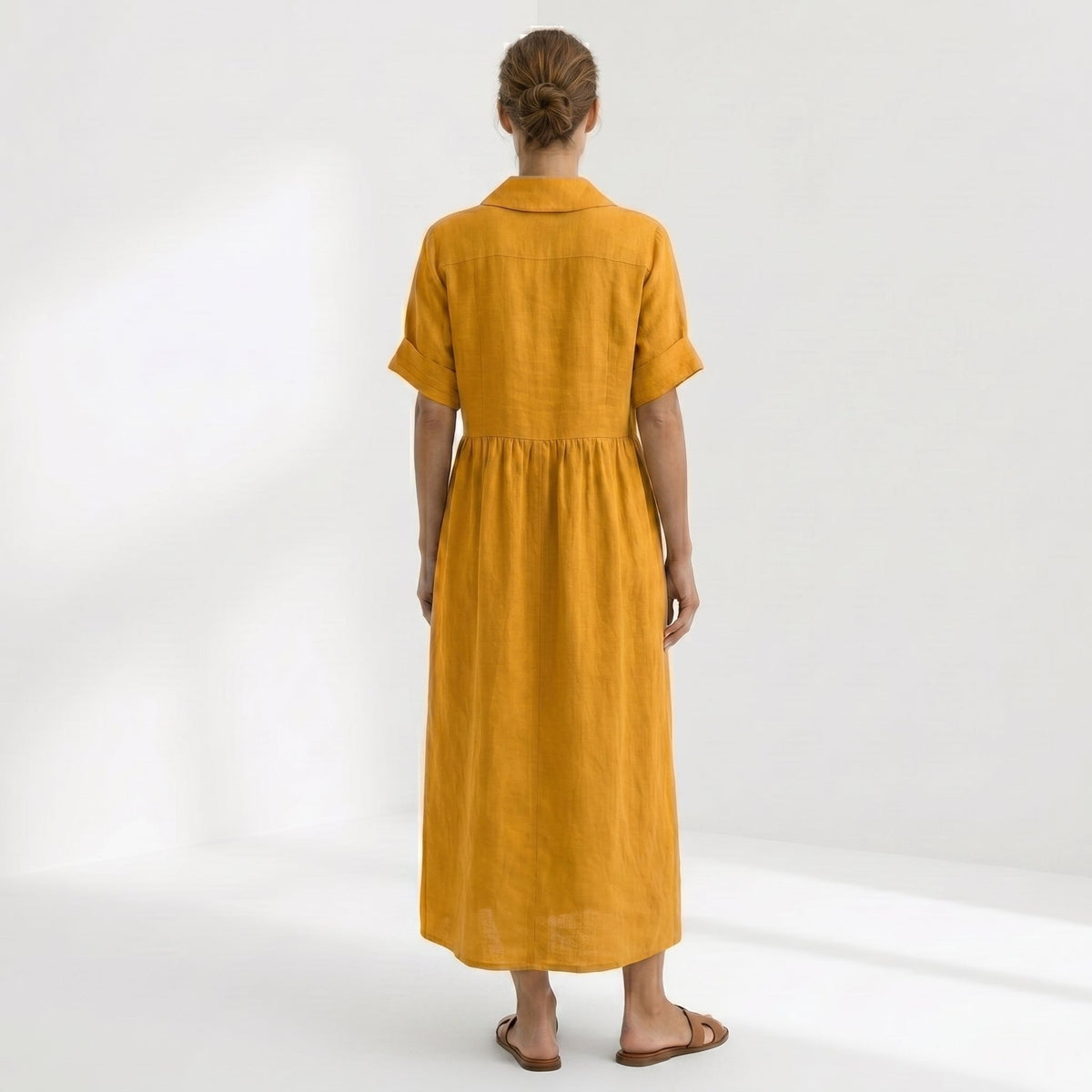 Nuvara | Margarita | Vestido Largo Camisero de Lino Mujer Pliegues Frontales
