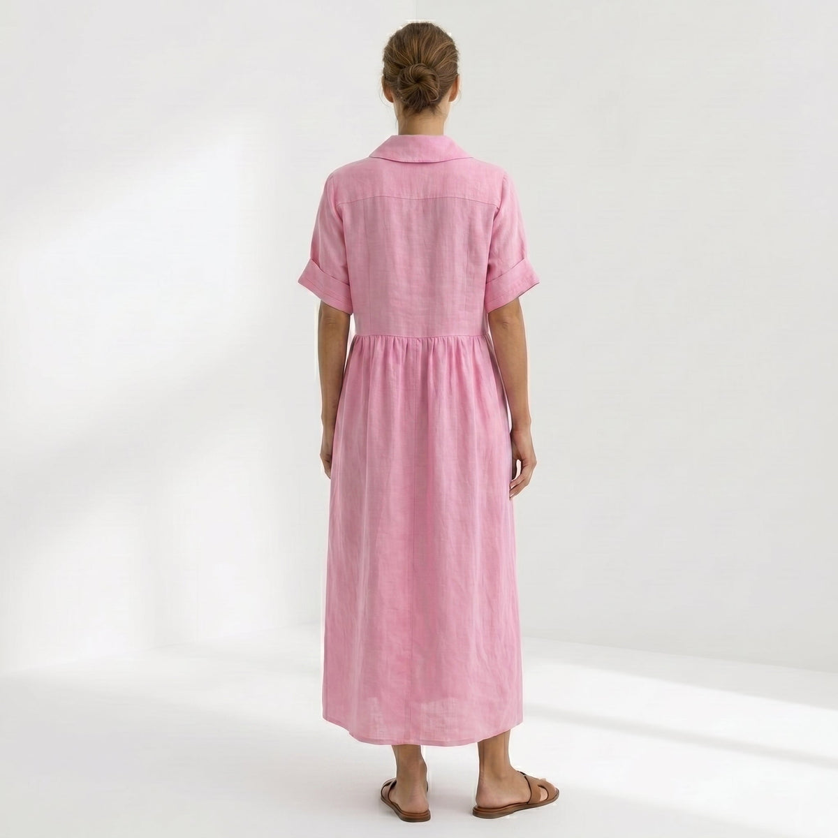 Nuvara | Margarita | Vestido Largo Camisero de Lino Mujer Pliegues Frontales