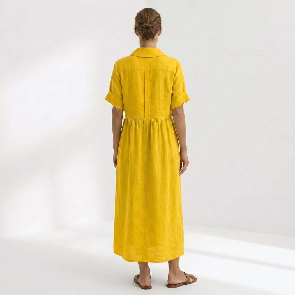 Nuvara | Margarita | Vestido Largo Camisero de Lino Mujer Pliegues Frontales