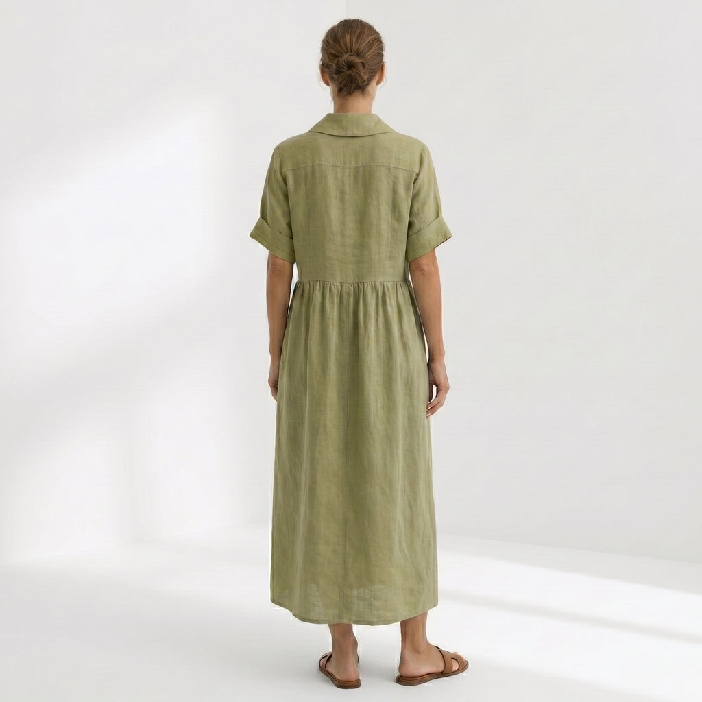 Nuvara | Margarita | Vestido Largo Camisero de Lino Mujer Pliegues Frontales