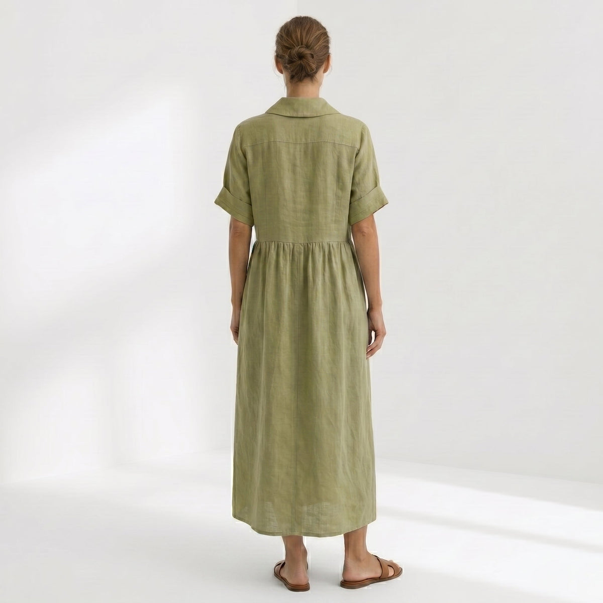 Nuvara | Margarita | Vestido Largo Camisero de Lino Mujer Pliegues Frontales