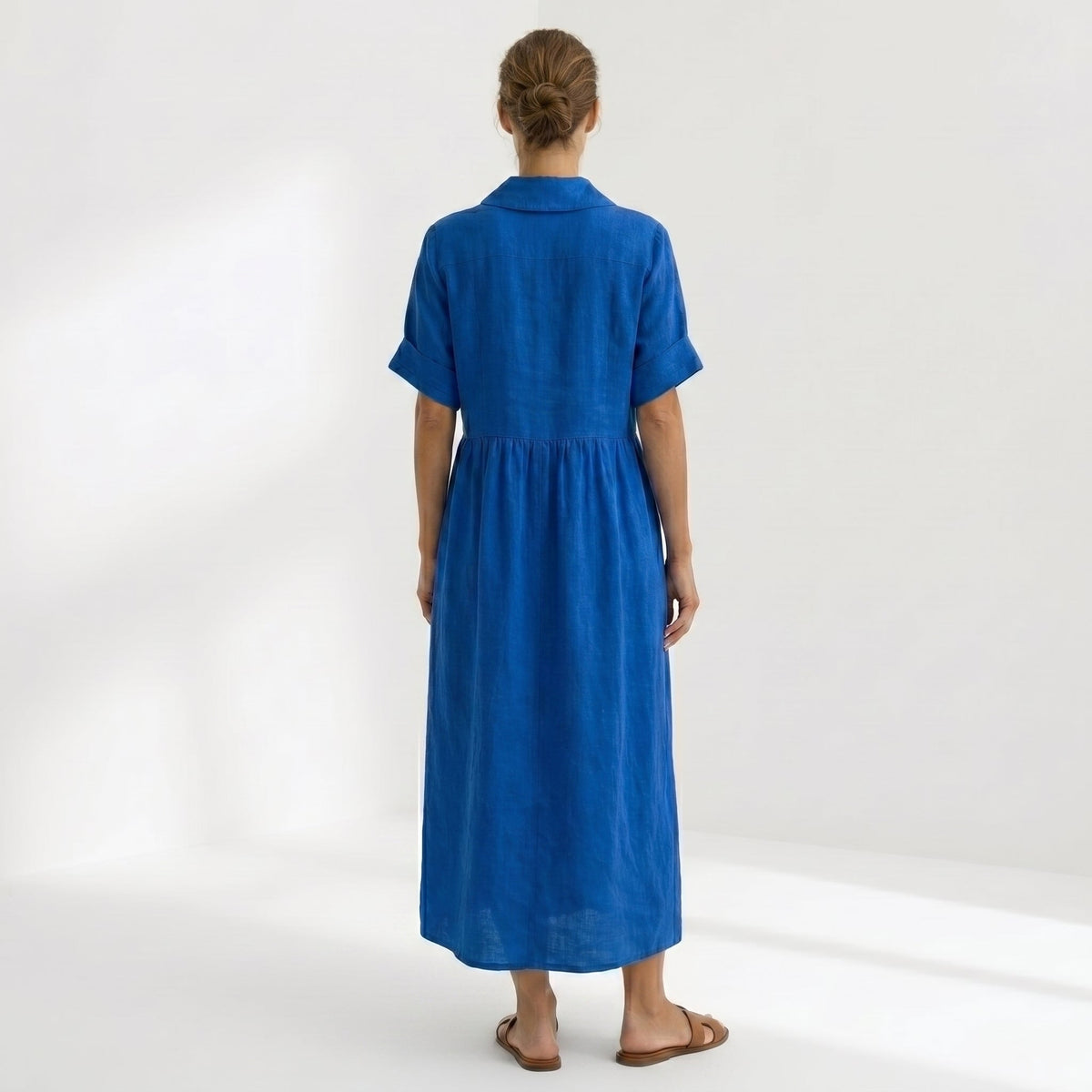 Nuvara | Margarita | Vestido Largo Camisero de Lino Mujer Pliegues Frontales