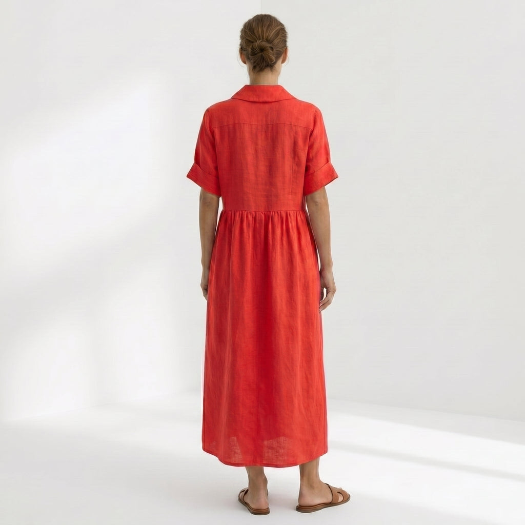 Nuvara | Margarita | Vestido Largo Camisero de Lino Mujer Pliegues Frontales