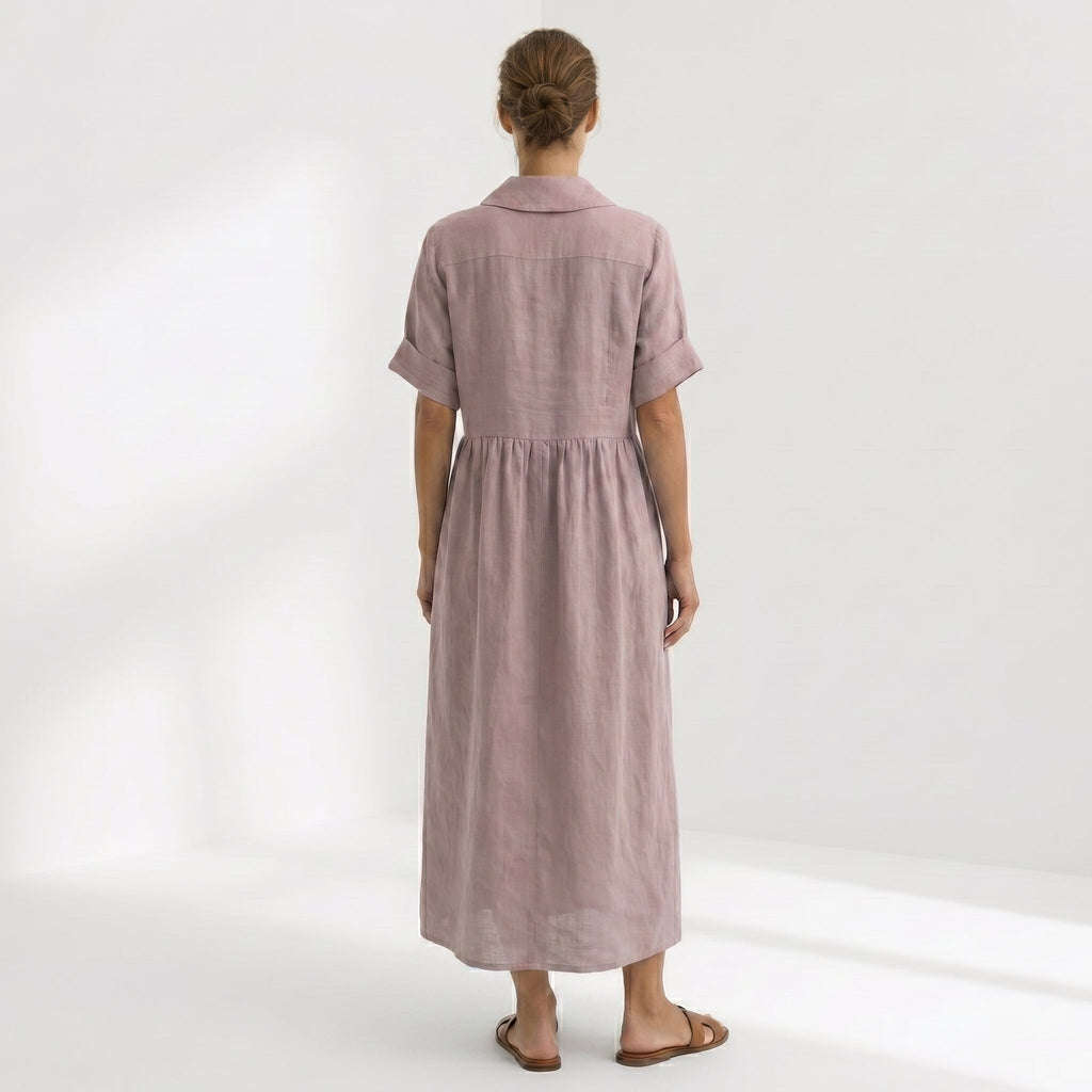 Nuvara | Margarita | Vestido Largo Camisero de Lino Mujer Pliegues Frontales