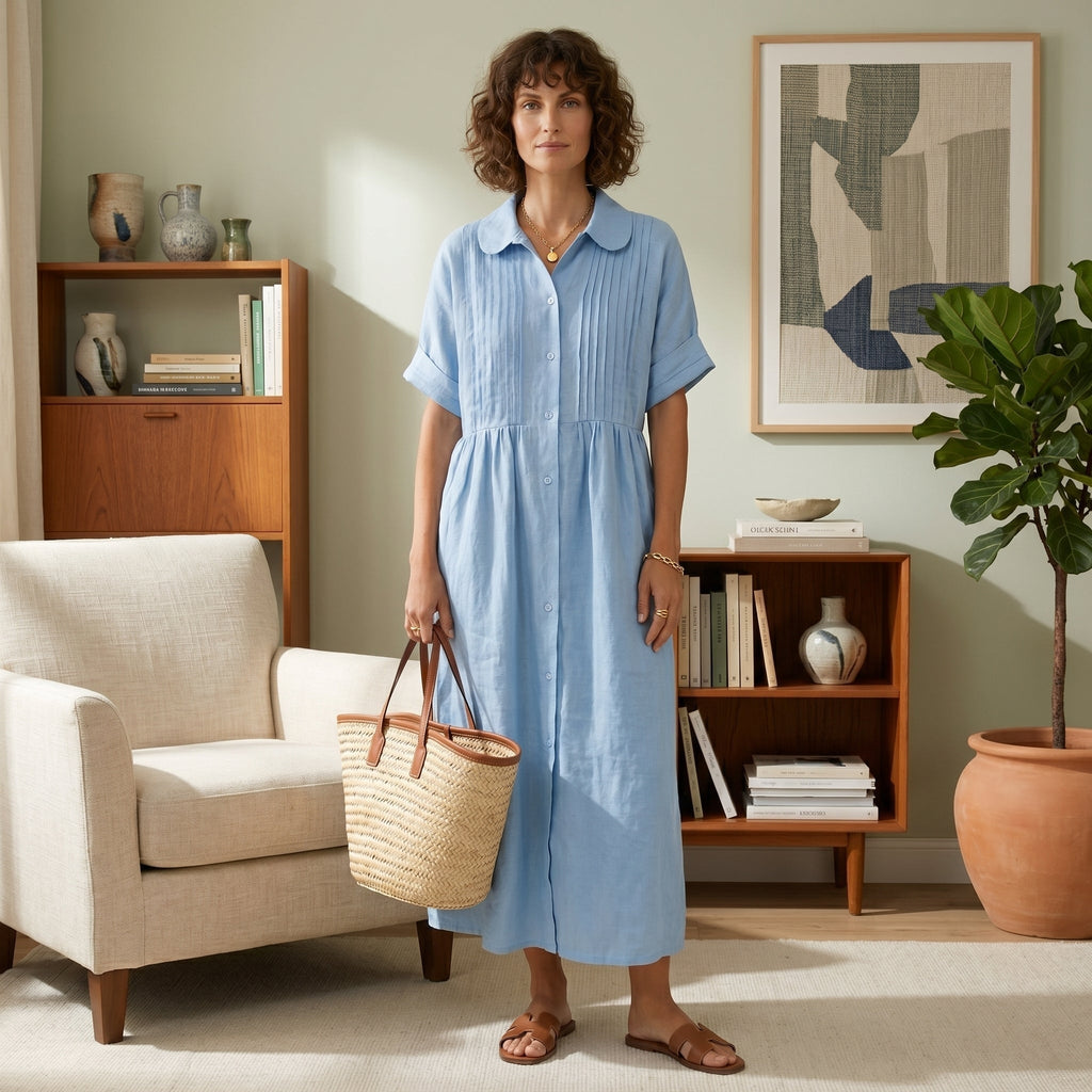 Nuvara | Margarita | Vestido Largo Camisero de Lino Mujer Pliegues Frontales