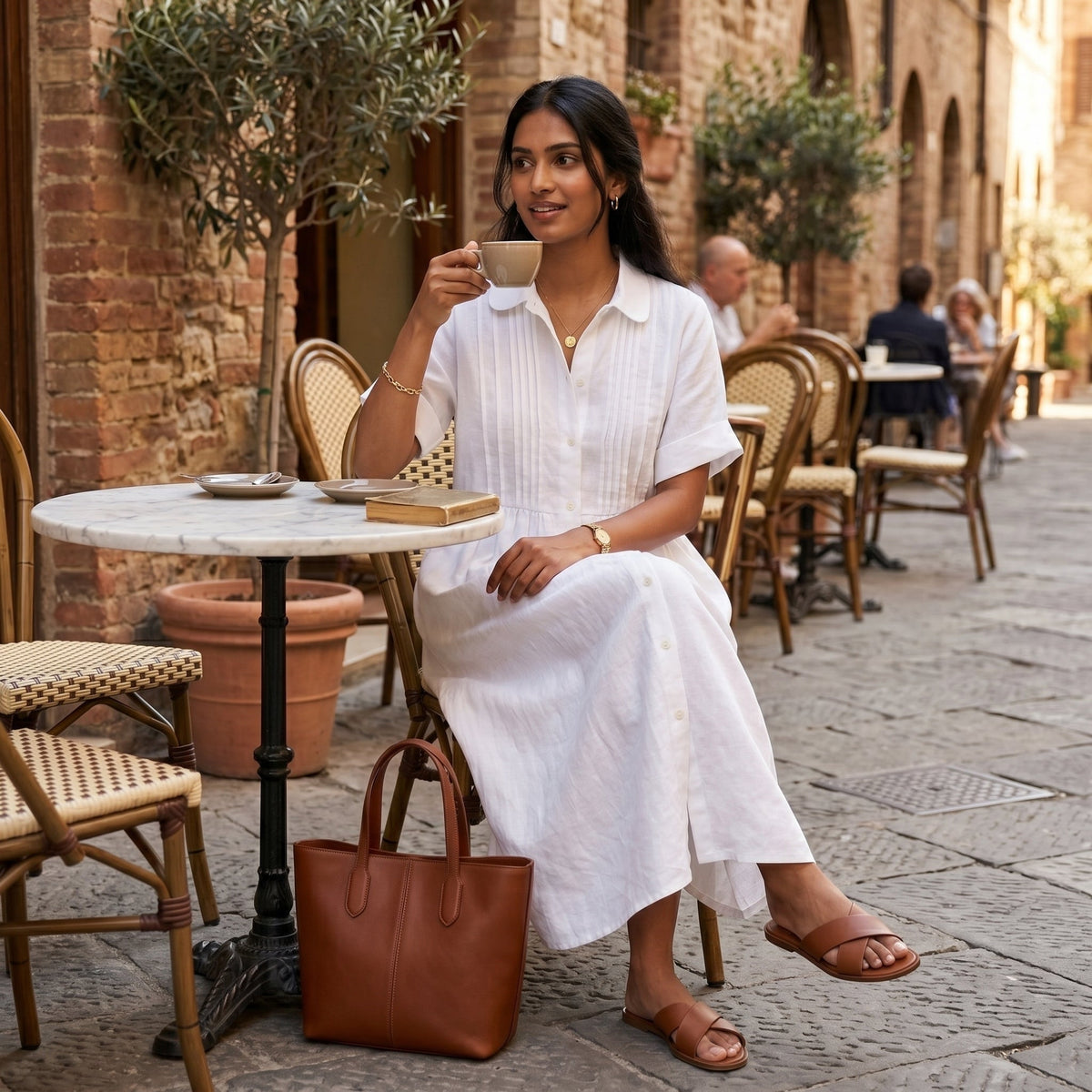 Nuvara | Margarita | Vestido Largo Camisero de Lino Mujer Pliegues Frontales